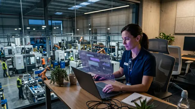 Engineer using an AI assistant dashboard overlooking the shop floor
