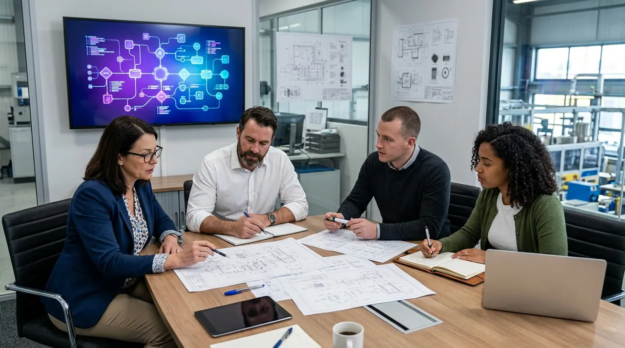 Procurement team reviewing drawings beside an AI workflow screen
