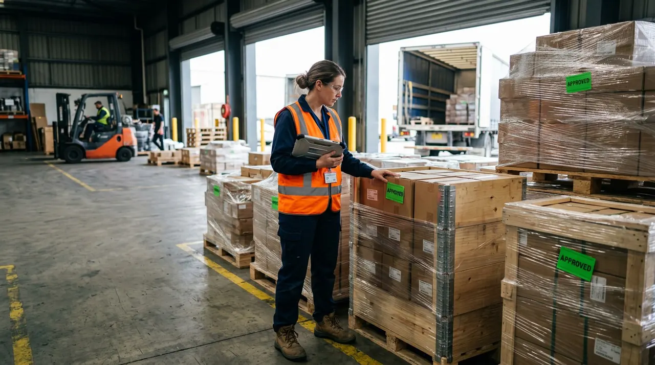 Inspector checking packed pallets before dispatch